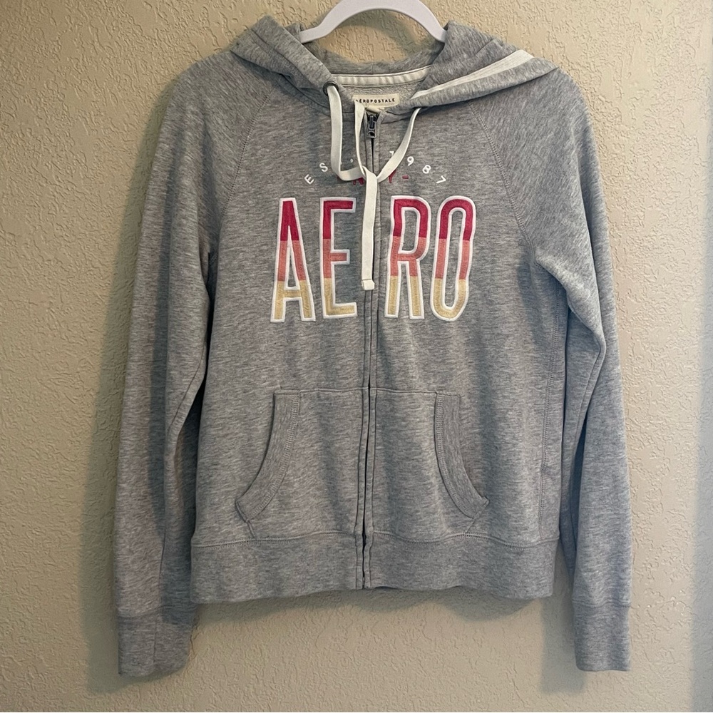 Aeropostale Hoodie Jacket Women’s MEDIUM Gray FullZip 1987 Logo Y2K Embroidered